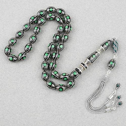 Erzurum Oltu 925Ayar Gm Katalin lemeli Nakka mame Beyzi Kesim 8x11mm Tesbih - Yeil