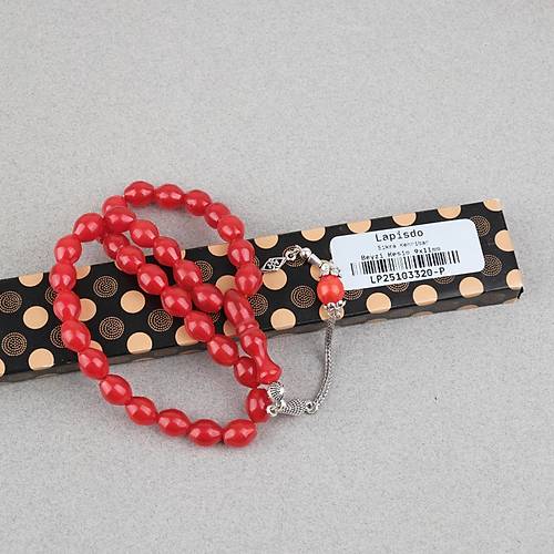 S�kma Kehribar Alpaka P�sk�ll� Beyzi Kesim 9x11mm Tesbih - K�rm�z�