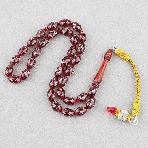 Ate� Kehribar �ak�ml� Kazas P�sk�ll� Beyzi Kesim 7x10mm Tesbih