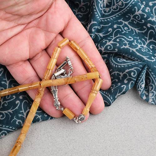 S�kma Kehribar Kesme Kesim Alpaka P�sk�ll� 6x10mm Tesbih Sar�