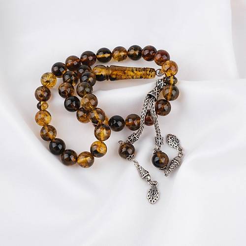 Kaya Damla Kehribar 925Ayar G�m�� P�sk�ll� K�re Kesim 10mm Tesbih