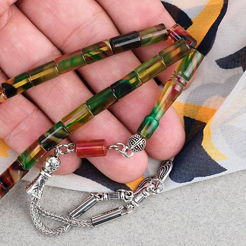 S�kma Kehribar Kesme Kesim Alpaka P�sk�ll� 6x10mm Tesbih Sar� Ye�il