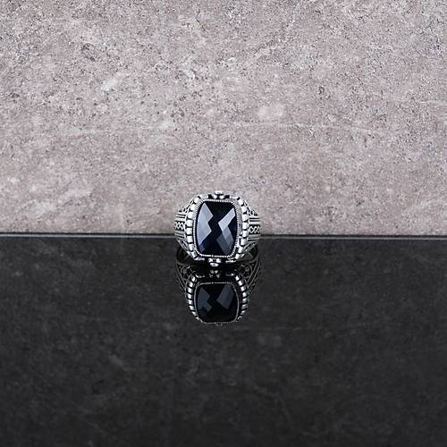 Safir/Ay Yldz ift Tarafl 925Ayar Gm Erkek Yzk
