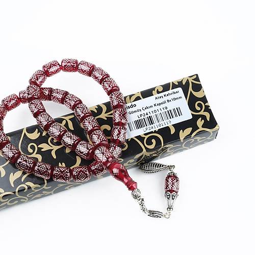 Ate Kehribar 925Ayar Gm akm ve Gm Pskl Kapsl Kesim 8x10mm Tesbih - Krmz