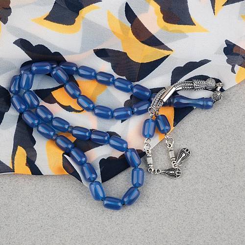 S�kma Kehribar Kaps�l Kesim Alpaka P�sk�ll� 7x11mm Tesbih Mavi