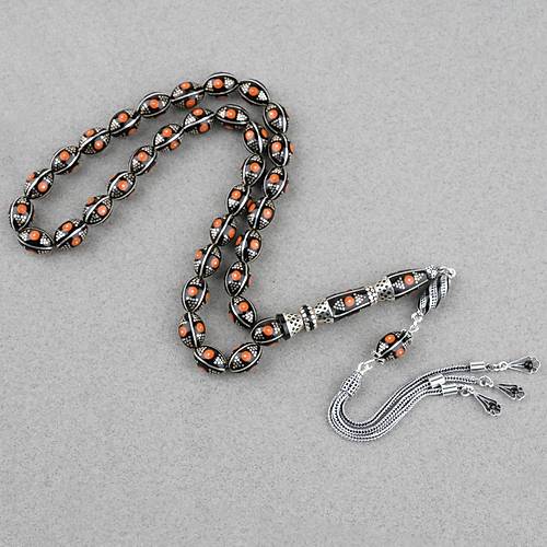 Erzurum Oltu 925Ayar Gm Katalin lemeli Nakka mame Beyzi Kesim 8x11mm Tesbih -Turuncu
