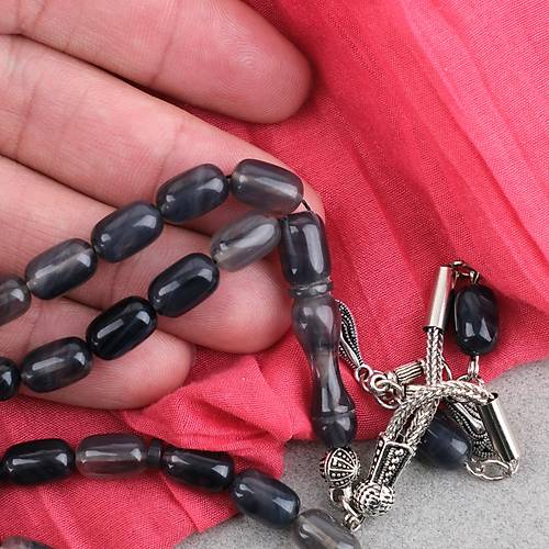 S�kma Kehribar Kaps�l Kesim Alpaka P�sk�ll� 7x11mm Tesbih Gri