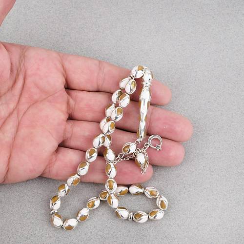 G�m�� Kaplama Kafesli Mine Beyzi 7x9mm Tesbih - Sar� Beyaz