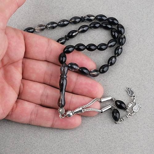S�kma Kehribar Beyzi Kesim Alpaka P�sk�ll� 7x11mm Tesbih Siyah Gri