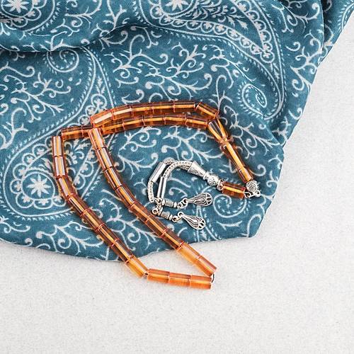 S�kma Kehribar Kesme Kesim Alpaka P�sk�ll� 6x10mm Tesbih Turuncu