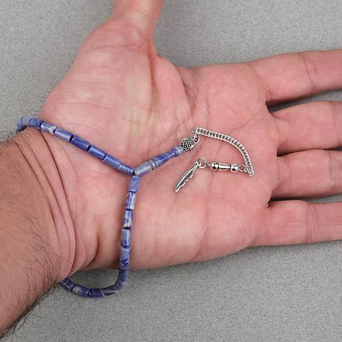 S�kma Kehribar Alpaka P�sk�ll� Kesme Kesim 4x7mm Tesbih- Krem-Mavi