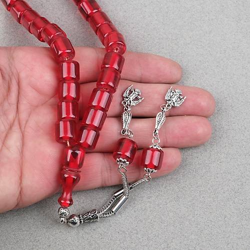 Ate� Kehribar Alpaka P�sk�ll� Kaps�l Kesim 11x11mm Tesbih - �effaf K�rm�z�