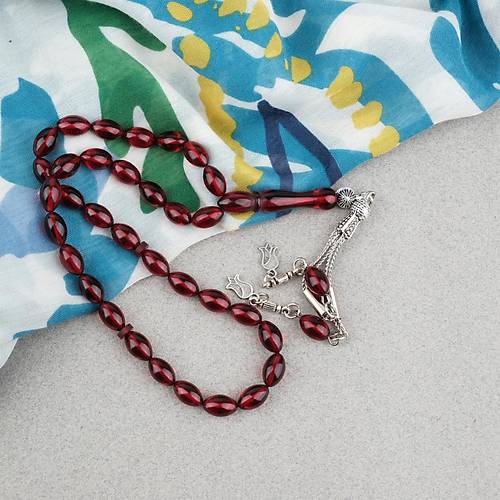 S�kma Kehribar Beyzi Kesim Alpaka P�sk�ll� 7x11mm Tesbih K�rm�z�