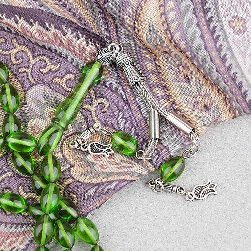 S�kma Kehribar Beyzi Kesim Alpaka P�sk�ll� 7x11mm Tesbih Ye�il