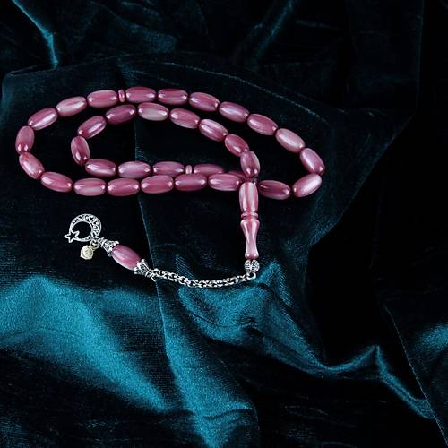 Sedefli Sikma Kehribar Alpaka Pskl Arpa Kesim 8x15mm Tesbih - Bordo