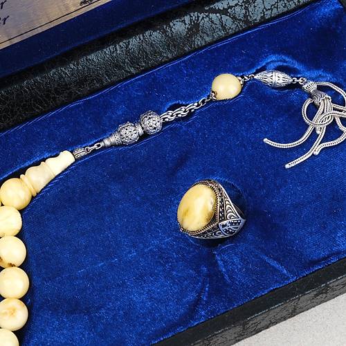 Kaya Damla Kehribar  925 Ayar G�m�� P�sk�l K�re Kesim 13mm Tesbih ve G�m�� Kehribar Y�z�k Seti