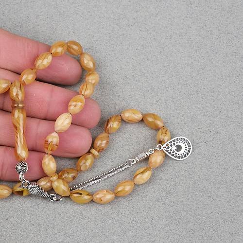 S�kma Kehribar Alpaka P�sk�ll� Beyzi Kesim 7x11mm Tesbih- Krem Sar�