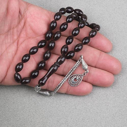 S�kma Kehribar Alpaka P�sk�ll� Beyzi Kesim 7x11mm Tesbih- Kahverengi