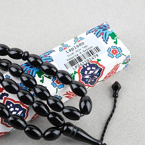 Akik Ta�� Habbe ve �mame Dahil Akik Yumurta kesim 9.5x14mm Tesbih - siyah
