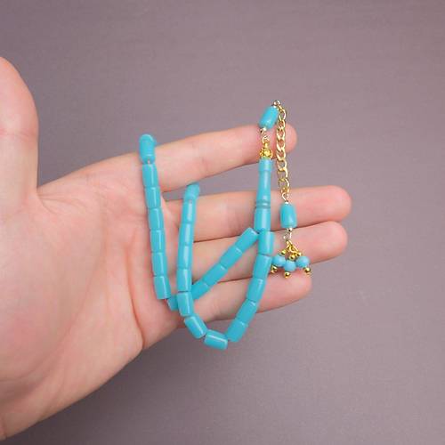 U�ak Cam� Kesme Kesim 7x10mm Tesbih Alt�n Renk P�sk�ll� Turkuaz