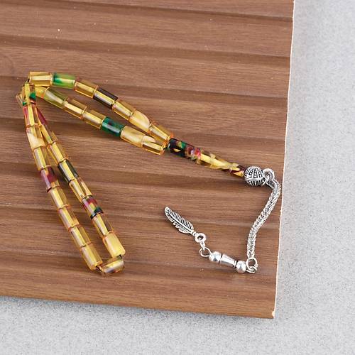 Ate� Kehribar Alpaka P�sk�ll� Kesme Kesim 4x7mm Tesbih- Sar�-Ye�il