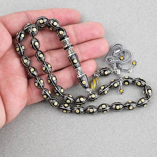 Erzurum Oltu 925Ayar Gm Katalin lemeli Nakka mame Beyzi Kesim 8x11mm Tesbih -Bej