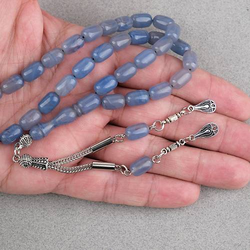 S�kma Kehribar Kaps�l Kesim Alpaka P�sk�ll� 7x11mm Tesbih G�k Mavisi