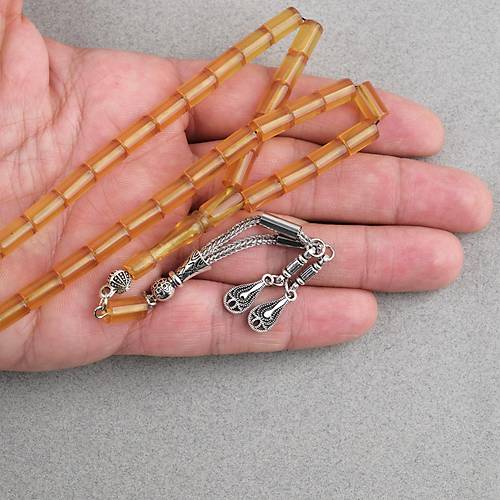 S�kma Kehribar Kesme Kesim Alpaka P�sk�ll� 6x10mm Tesbih