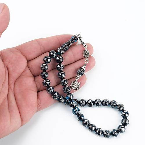 Ate Kehribar 925Ayar Gm akm ve Gm Pskl Bilek Boy Kre Kesim 8.5mm Tesbih - Mavi