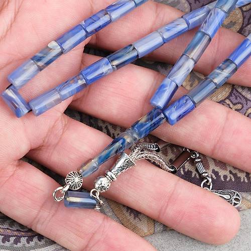 S�kma Kehribar Kesme Kesim Alpaka P�sk�ll� 6x10mm Tesbih Mavi