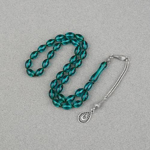 Ate� Kehribar Alpaka P�sk�ll� Beyzi Kesim 7x11mm Tesbih- �effaf Ye�il