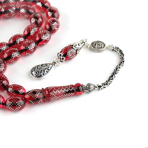 Ate Kehribar 925Ayar Gm akm ve Pskl Beyzi Kesim 8.5x12mm Tesbih