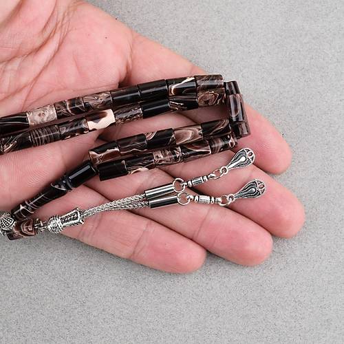 S�kma Kehribar Kesme Kesim Alpaka P�sk�ll� 6x10mm Tesbih Krem Kahverengi