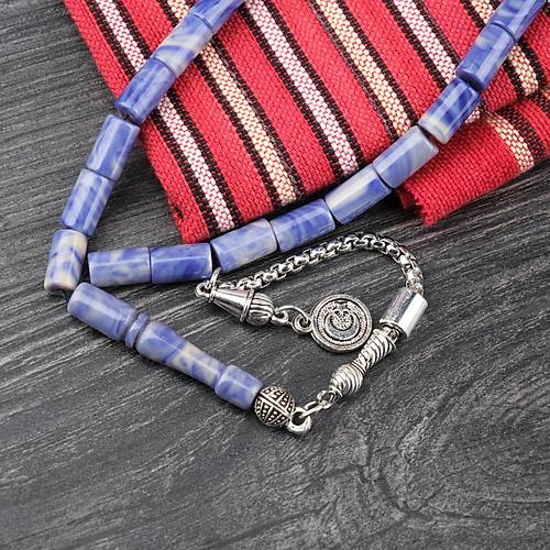 S�kma Kehribar Alpaka P�sk�ll� Kesme Kesim 6x10mm Tesbih - Krem - Mavi