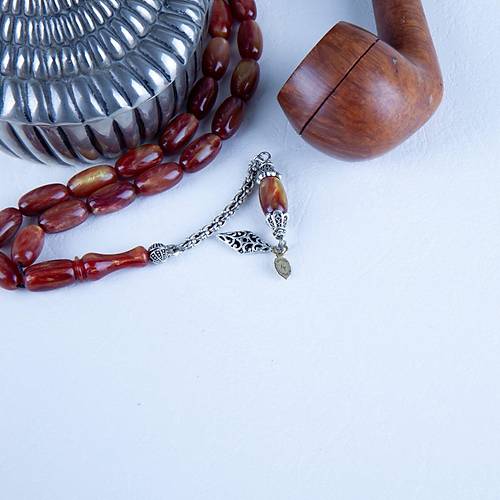 Sedefli S�kma Kehribar Alpaka P�sk�l Arpa Kesim 8x15.5mm Tesbih - A��k Ye�il - K�rm�z� - �brahim Ye�ilnacar Usta ��i