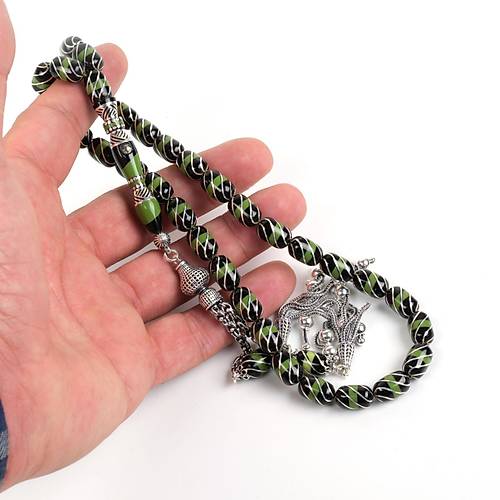 Erzurum Oltu 925Ayar Gm leme ve Pskl emiblbl Nakka mame Kapsl Kesim 8x11mm Tesbih