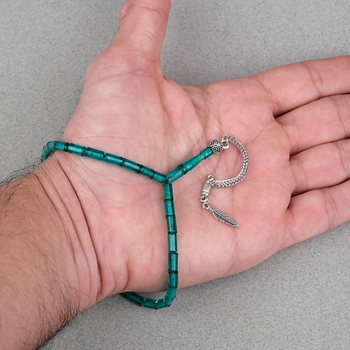 Ate� Kehribar Alpaka P�sk�ll� Kesme Kesim 4x7mm Tesbih- Turkuaz Ye�ili