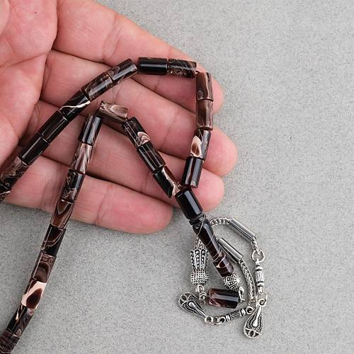 S�kma Kehribar Kesme Kesim Alpaka P�sk�ll� 6x10mm Tesbih Krem Kahverengi