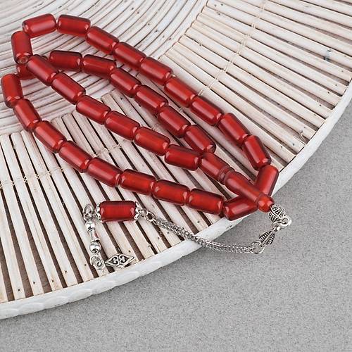 Ate� Kehribar Alpaka P�sk�ll� Kaps�l Kesim 7x12mm Tesbih - �effaf Bordo