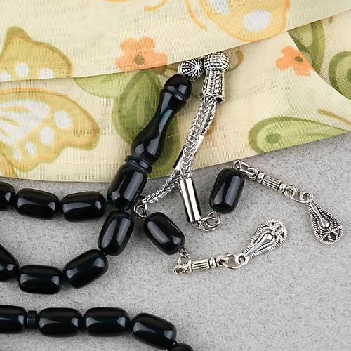 S�kma Kehribar Kaps�l Kesim Alpaka P�sk�ll� 7x11mm Tesbih Mavi Yans�mal� Siyah