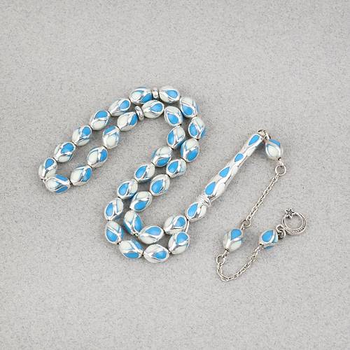 G�m�� Kaplama Kafesli Mine Beyzi 7x9mm Tesbih - Mavi Beyaz