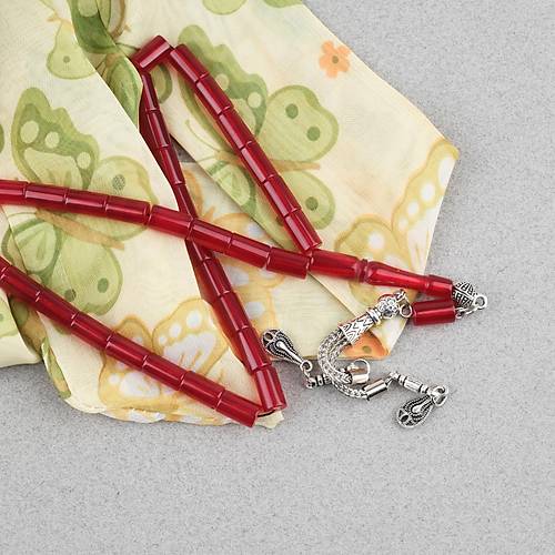 S�kma Kehribar Kesme Kesim Alpaka P�sk�ll� 6x10mm Tesbih K�rm�z�