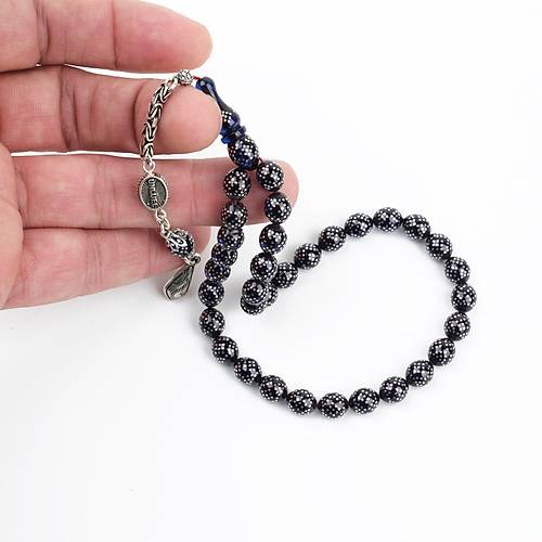 Ate Kehribar 925Ayar Gm akm ve Gm Pskl Bilek Boy Kre Kesim 7x8mm Tesbih - Mavi