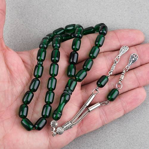 S�kma Kehribar Kaps�l Kesim Alpaka P�sk�ll� 7x11mm Tesbih Koyu Ye�il