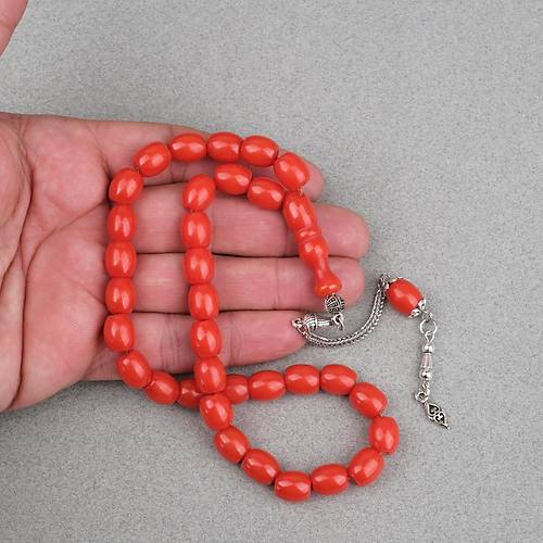 S�kma Kehribar Alpaka P�sk�ll� Beyzi Kesim 9x11mm Tesbih - Turuncu