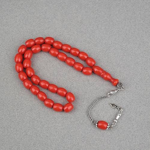 S�kma Kehribar Alpaka P�sk�ll� Beyzi Kesim 9x11mm Tesbih - Turuncu