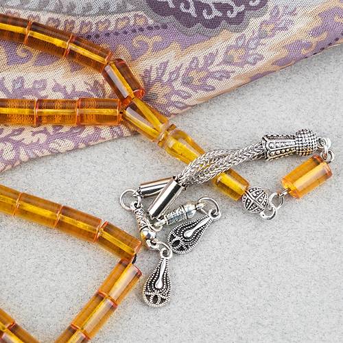 Ate� Kehribar Kesme Kesim Alpaka P�sk�ll� 6x10mm Tesbih