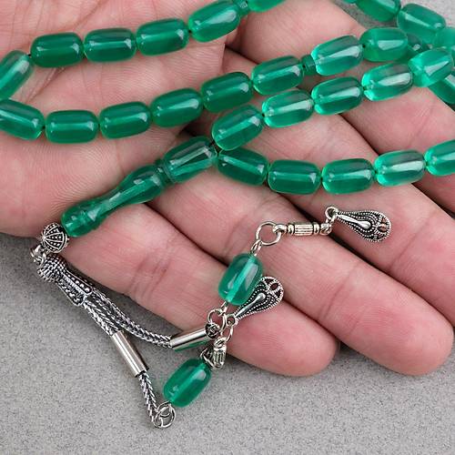 S�kma Kehribar Kaps�l Kesim Alpaka P�sk�ll� 7x11mm Tesbih Ye�il
