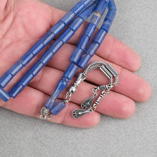 S�kma Kehribar Kesme Kesim Alpaka P�sk�ll� 6x10mm Tesbih Mavi