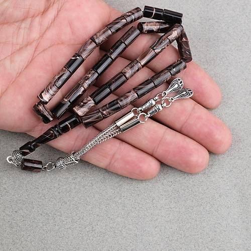 S�kma Kehribar Kesme Kesim Alpaka P�sk�ll� 6x10mm Tesbih